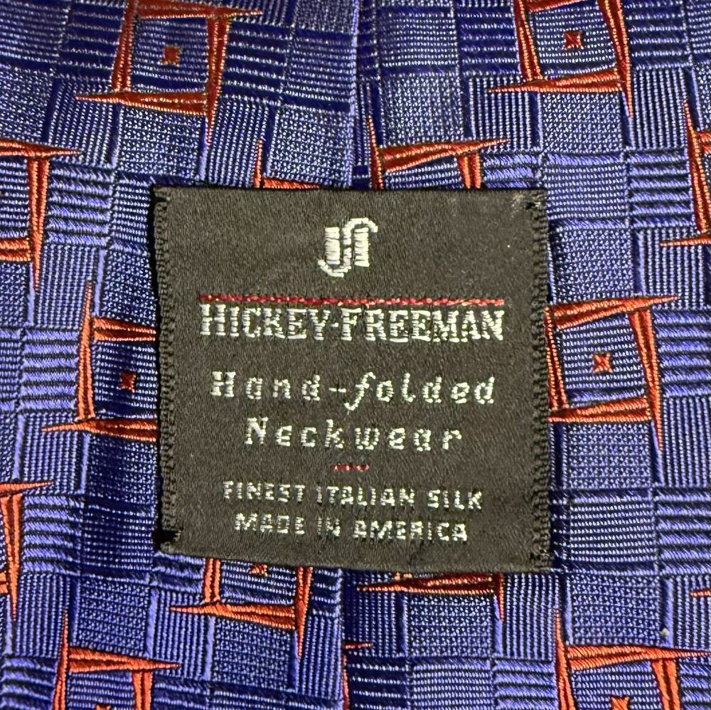Hickey Freeman hand-folded silk tie blue orange geometric Designer